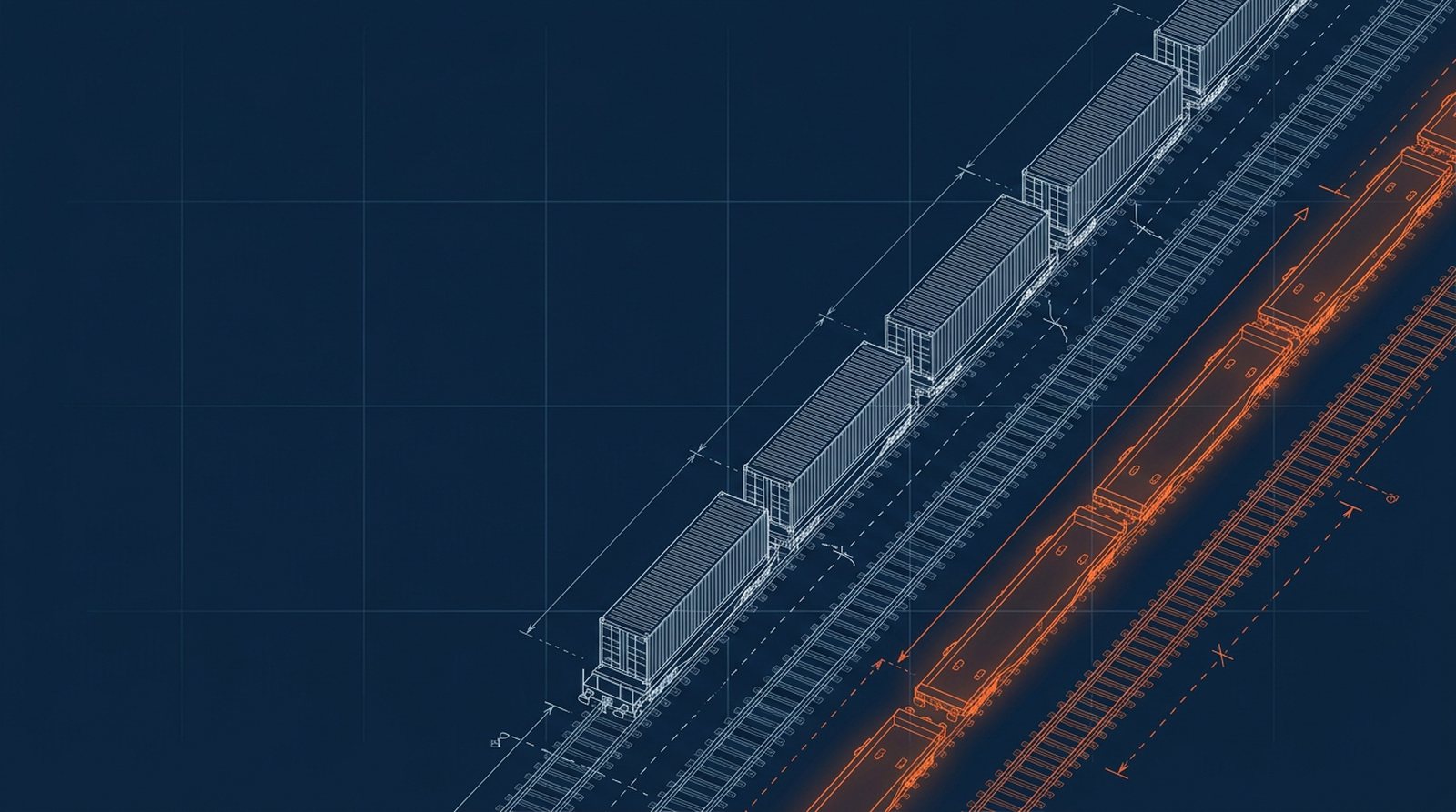 Technical blueprint: a loaded block train on one track, an empty one returning on the other