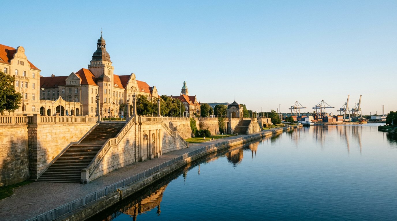 Щецин у золоту годину: тераси Валів Хроброго над Одрою, вдалині контейнерні крани річкового порту