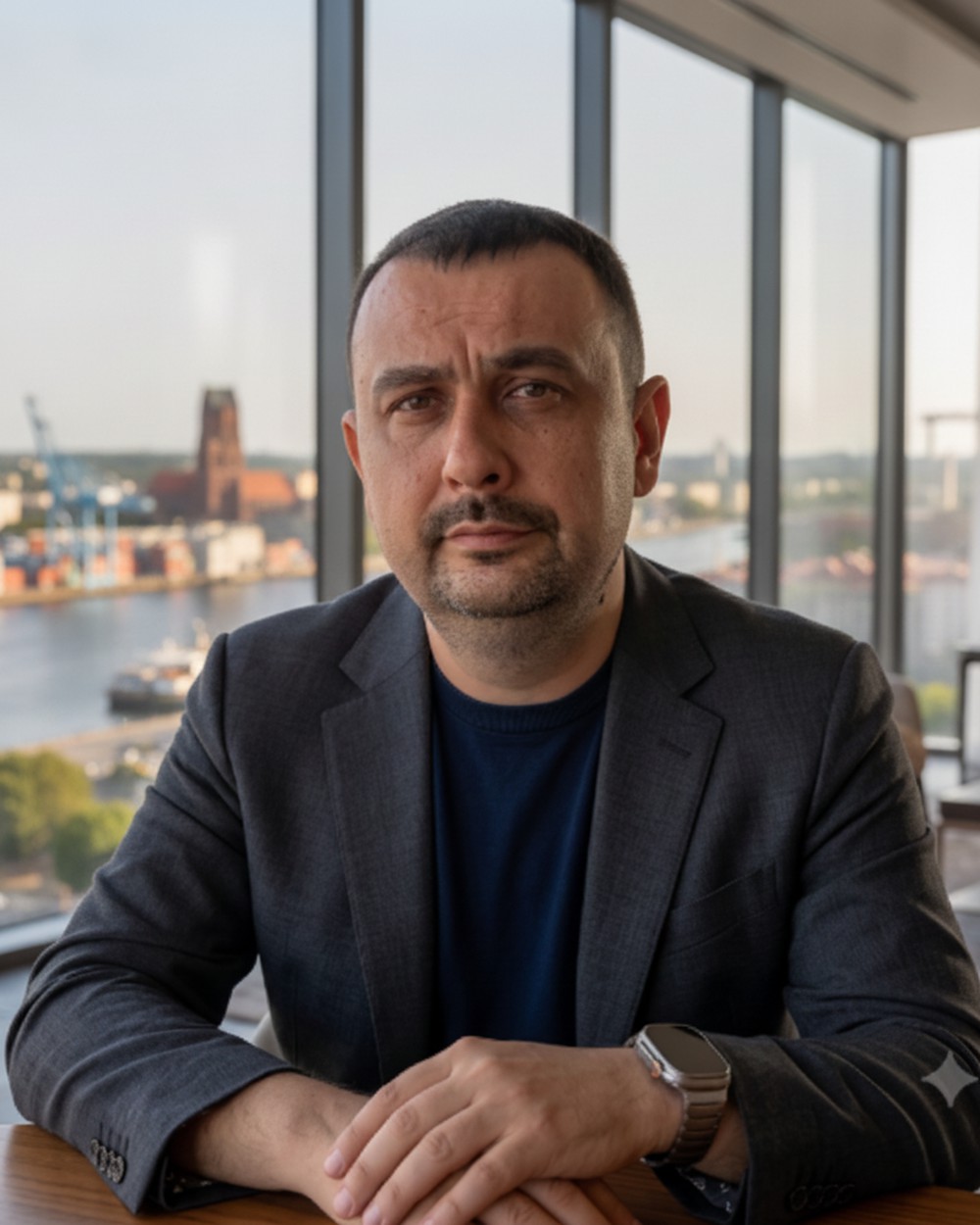 Vitalii Melnyk, Founder and Chief Executive Officer of United Multimodal Services, at a desk in the Szczecin office with the Oder river, the container port and Szczecin Cathedral behind him